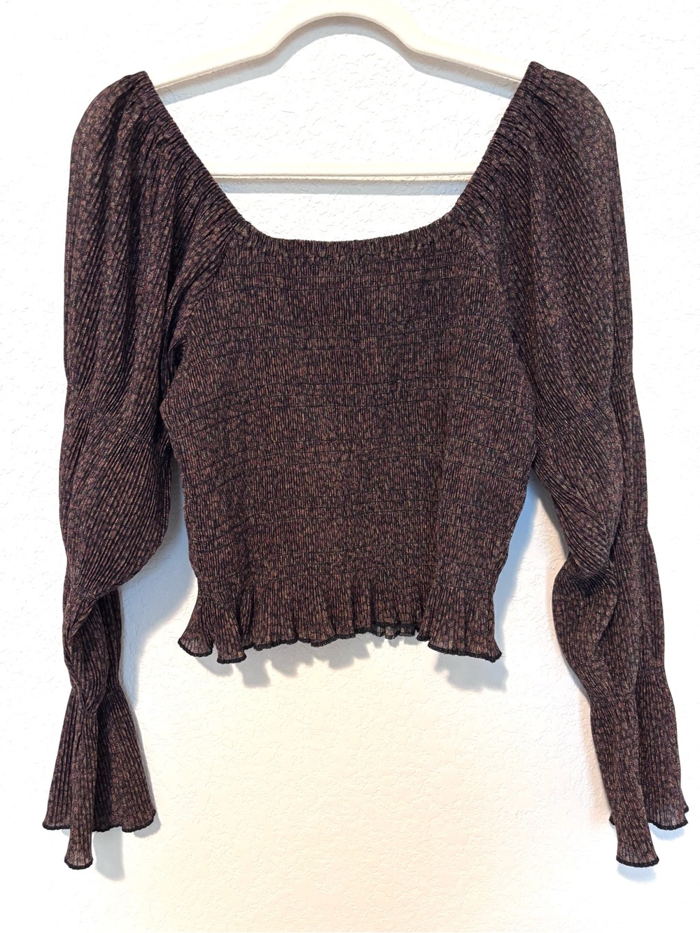 Anthropologie Brown Shimmer Smocked Puff Sleeve Top Women’s Medium Whimsigoth - Picture 6 of 10